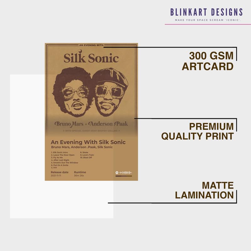 Image of BLINKART Bruno mars- An Evening With Silk Sonic Wall Photo Frames | Wall Art for Bedroom, Living Room, Studio or Office | Album Cover Print with Spotify Song Link QR Code | Gift for Fans - 8x12 In