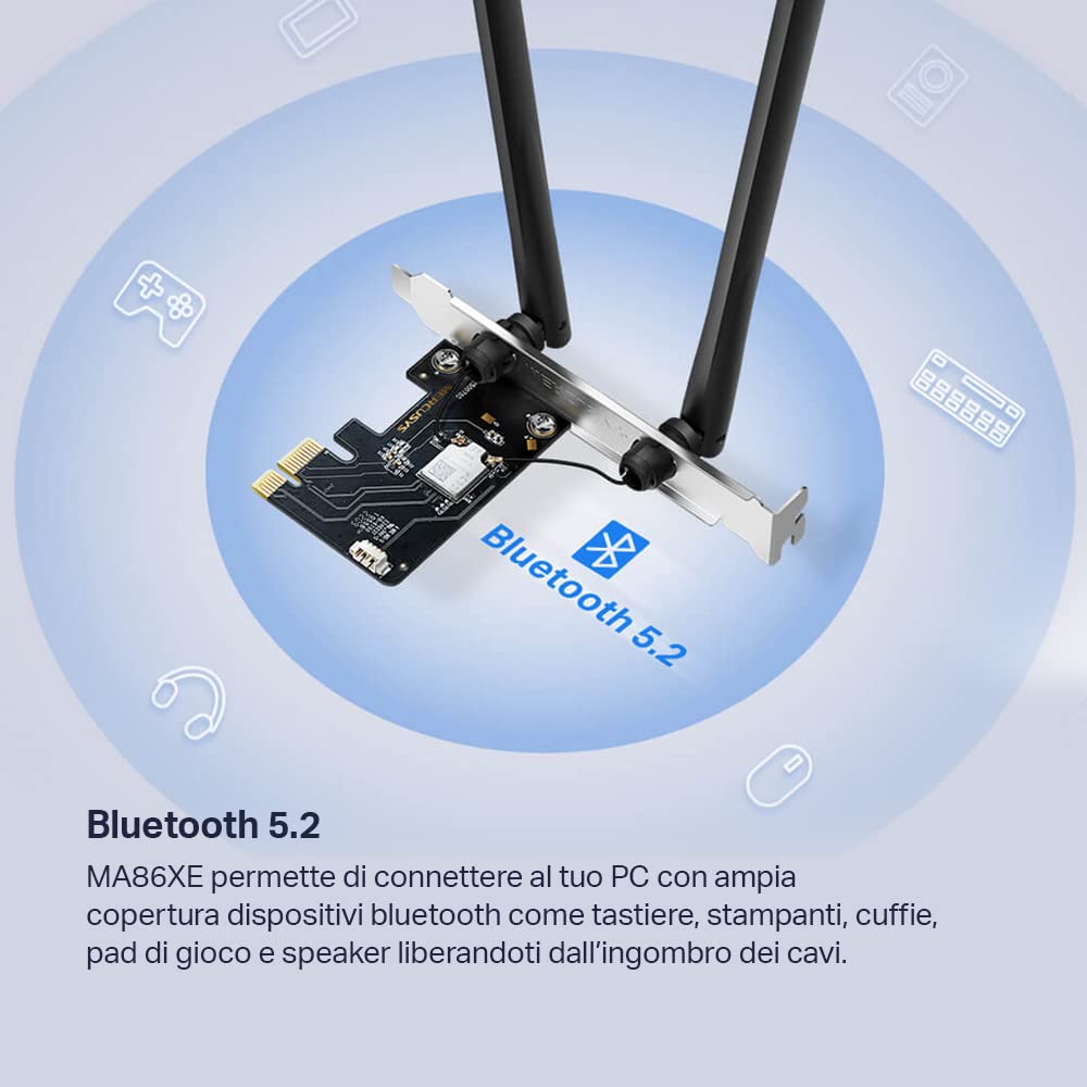 MERCUSYS TP-Link MA86XE PCIe Adattatore AXE5400Mbps Wi-Fi 6E Bluetooth 5.2, Chipset Intel Wi-Fi 6E, WPA3, MU-MIMO, OFDMA, Scheda WiFi PC Fisso, Velocità Tri-Band, Supporta Windows 10, 11