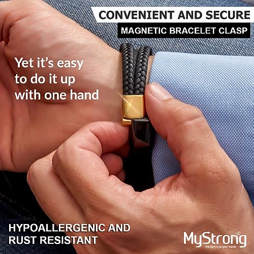 Pulseira de couro masculina MyStrong com fecho magnético de aço inoxidável – Pulseira masculina esti
