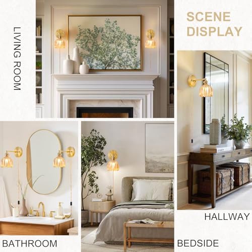 Image of Plug in Wall Sconces Set of 2, Vintage Wall Sconce Light with Tulip Amber Glass Lampshade, Bedroom Wall Sconce with Switch and Plug in wall lamp Cord, Gold Wall Light Wall Decor Set of 2