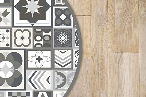 Tapis vinyle gris carreaux ciment rond 190x190 cm grande taille deco maison - 5