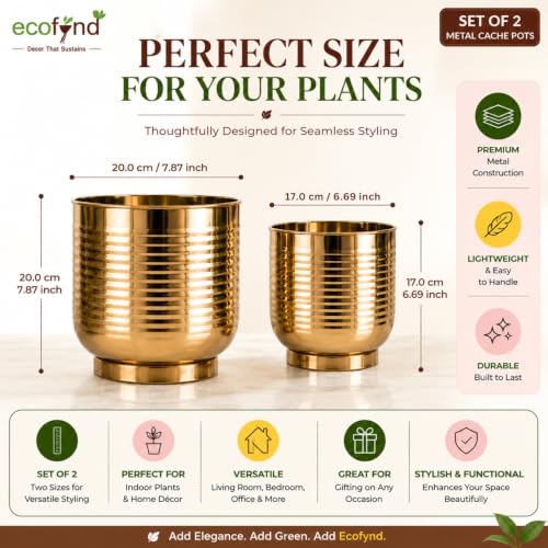 Image of ecofynd 2 Pack Metal Plant Pots (7 inch, 8 inch L), Indoor Small Planter Flower Pots, Home Garden Decor Planter for Living Room Bedroom Interior (Gold Finish, POT049)