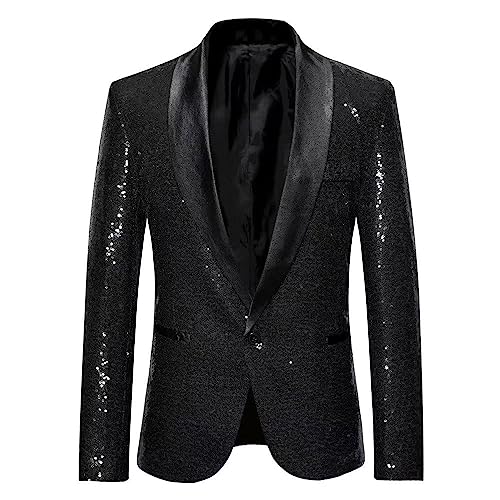 Kromoc Men's Suit Sequins Jacket Black Shawl Lapel & Pants One Button Two-Piece Party Dinner Prom Casual Tuxedos3