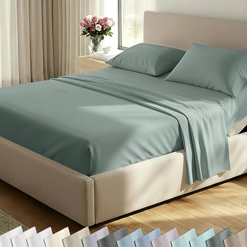Image of California Design Den Split King Sheet Set - 100% Cotton, Luxury 600 Thread Count, Breathable Split King Size Sheets for Adjustable Bed, Luxury Durable Sheets, Soft Sateen (Sage Green - Cool Tone)