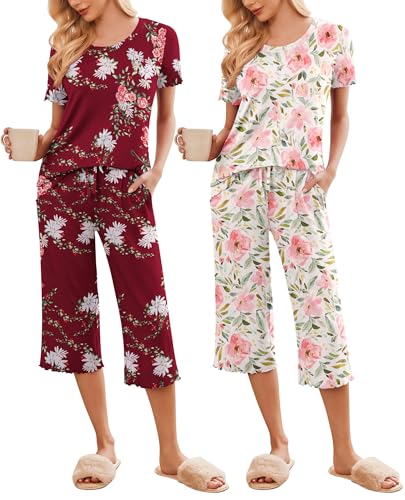Image of Ekouaer 2 Pack: Women's Pajamas Set Short Sleeve Sleepwear Capri Pants Pjs Soft Loungewear with Pockets