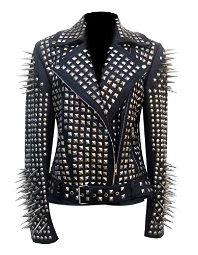SKY-SELLER Women's Metal Spikes Brando Motorcycle Slim Fit Genuine Leather Coat - Biker Black Studded Leather Jacket