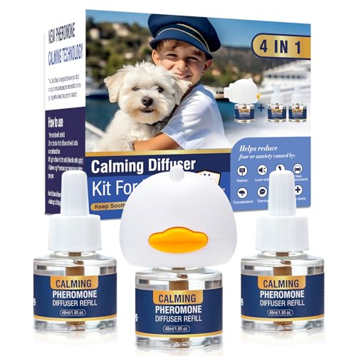 LKBHGF Dog Pheromone Calming Diffuser 4 in 1 Appeasing Pet Pheromones Diffuser to Calm Kit (Plug in+ 3 Pack 48ml Refill) for Anxiety Relief Reduce Barking Aggression Fighting Stress 90 Day Supply
