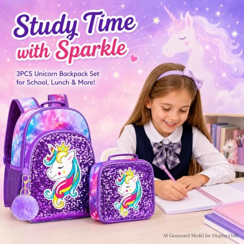 Image of 3PCS Girls Backpack, 16 inch Kids Sequins Unicorn Bookbag with Lunch Box, School Bags for Elementary Preschool Kindergarten - Purple