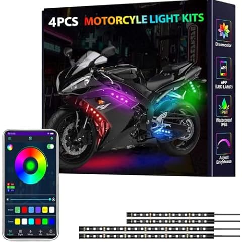 Sxlofty 4 Pcs Motorcycle LED Light Kits, App Control Multicolor Waterproof Motorcycle LED Strip Lights, Music Sync & Multiple Scene Modes RGB LED Lights for Motorcycles, DC 12V Cover