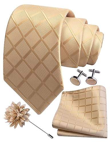 Image of GUSLESON 3.15 inch(8cm) Mens Tie and Lapel Pin Plaid Checkered Necktie Hankerchief Cufflinks Set for Men