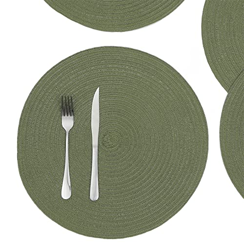 Image of SHACOS Round Placemats Set of 6 Washable 15 inch Round Table Mats Cotton Polyester Woven Braided Place Mats for Dining Table (Olive Green, 6)