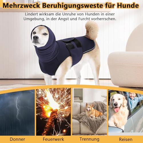 Beruhigungsweste für Hunde mit Kapuze & Reflektorstreifen – Weich & Verstellbar Atmungsaktiver Hundemantel zur Stressreduktion bei Feuerwerk, Gewitter & Reisen (Dunkelblau, XL)
