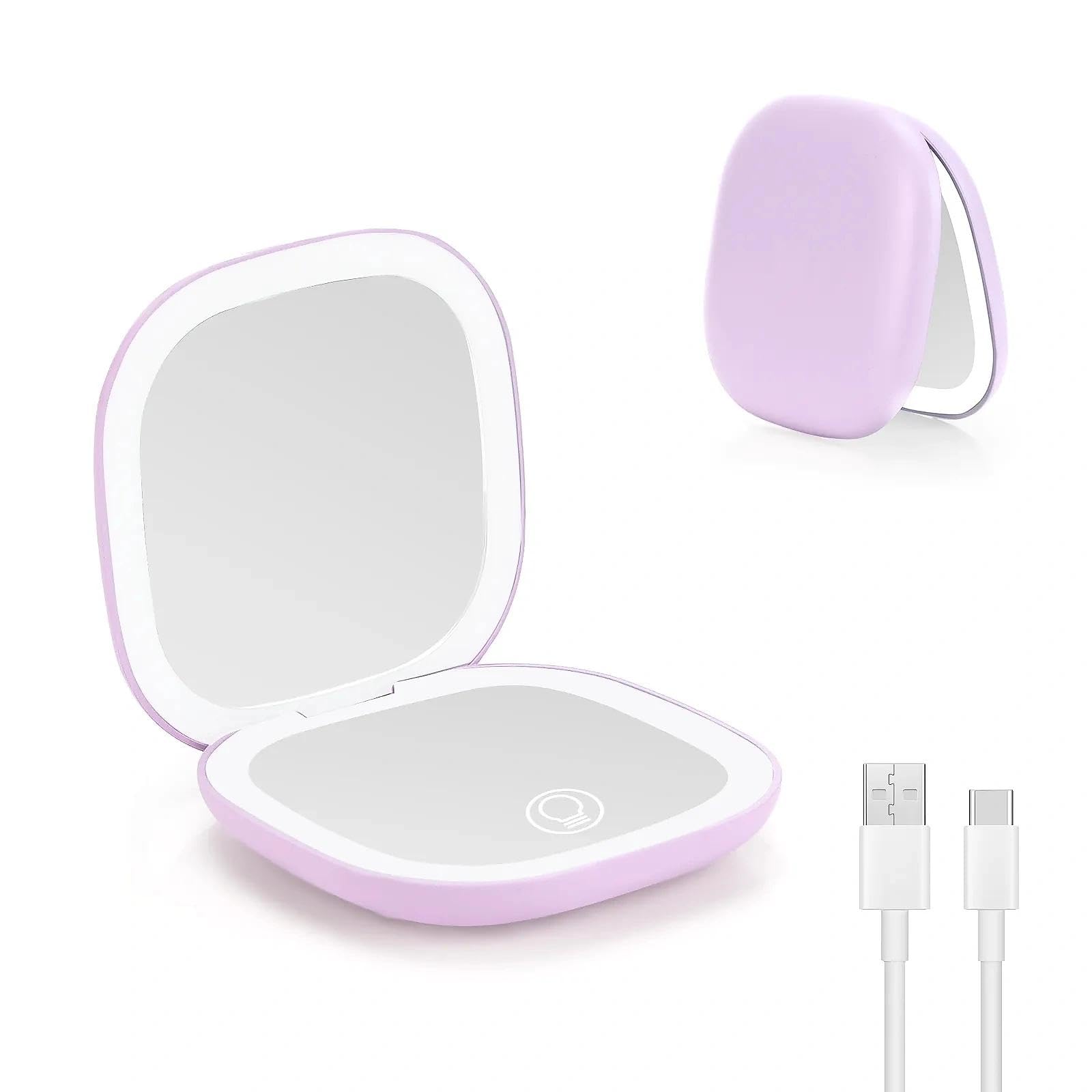 Collazoey LED Specchio Ingranditore, 1X/10X Specchietto da Borsetta, Chargement par USB, 3 Luci Regolabile Portatile Specchio da Viaggio, Interruttore Magnetico Pieghevole Piccolo Mirror (Viola)