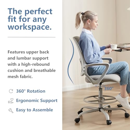 Image of DUMOS Drafting Chair - Ergonomic Tall Office for Standing Desk, Counter with Height Adjustable and Comfortable Lumbar Support, Fixed Armrests, Grey