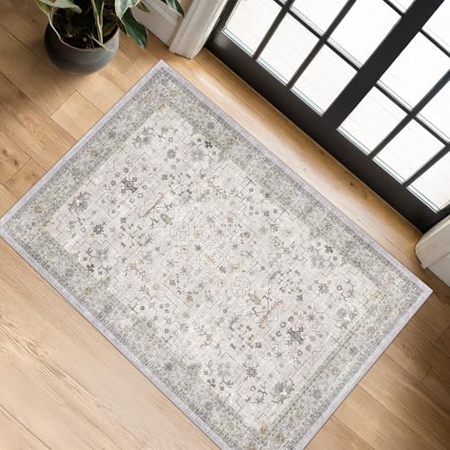Image of Washable 2x3 Throw Rugs for Entryway, Front Door Mat, Low Pile Non-Slip Small Area Rugs for Kitchen, Bathroom, Powder Room, Mudroom, Neutral Light Gray & Sage with Floral Accent