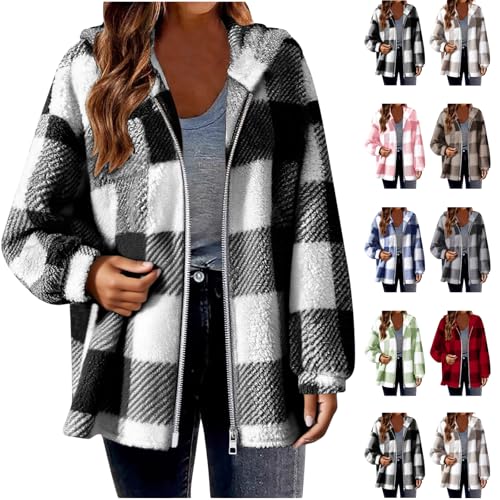 Jackets for Women Fuzzy Fleece Zip Up Jacket Fall Winter Oversized Long Sleeve Hooded Warm Plaid Coats