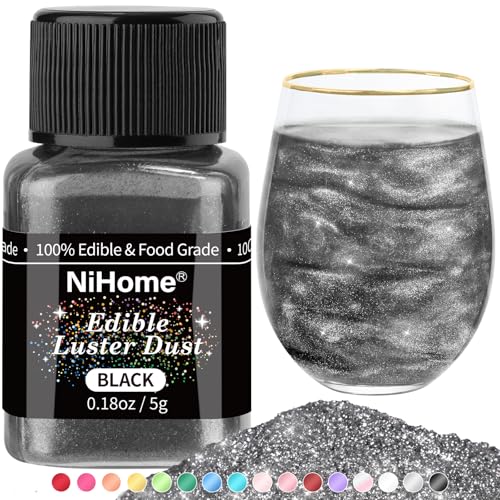 NiHome Edible Food-Grade Glimmer Powder Glitter Luster Dust Metallic Food Decorating Sprinkle Glimmery Dust for Drink Wine Beverage Cake Candy Dessert Bakery Restaurant Vegan (0.18oz/5g, Black)