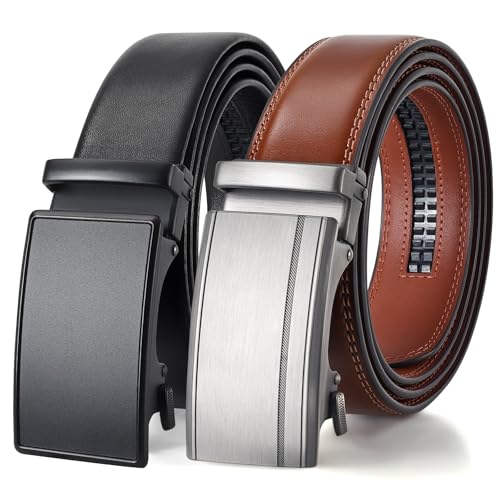 Ratchet Belts for Men- 2-Pack Men‘s Ratchet Adjustable Click Slide Belts for Dress Casual 1 3/8