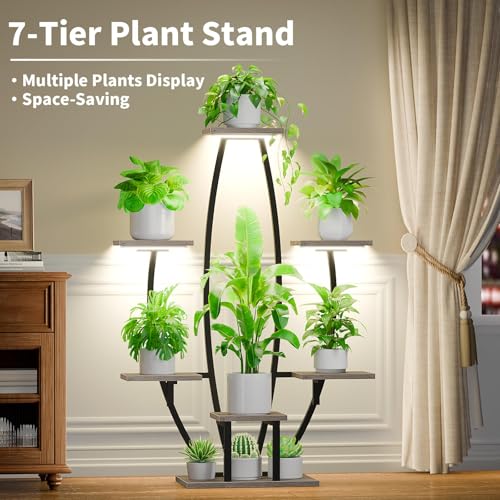 Image of Plant Stand Indoor with Grow Lights - 7 Tiered Corner Plant Shelf Indoor, 47 inch Tall Plant Stands for Indoor Plants Multiple, Metal Plant Rack Flower Holder for Living Room, Home Decor, Oak Grey