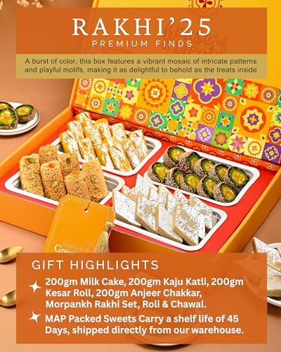 Image of HYPERFOODS House of Treats Rakhi With Sweets Pack of 4 Kesar Roll Kaju Katli Milk Cake Anjeer Chakkar 200G Each Indian Sweets And Mithai Bhaiya Bhabhi Rakhi Set With Roli & Rice Raksha Bandhan Gifts