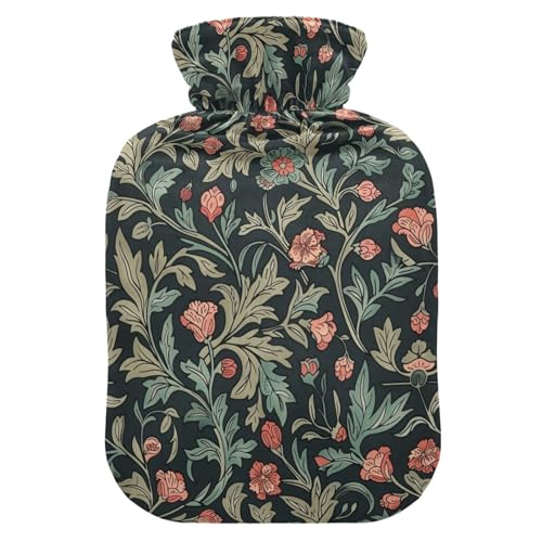 YNNALE Retro Sage Green Red Floral Hot Water Bottle with Cover, 2Liter Soft Velvet Winter Warm Water Bag for Neck and Shoulder Pain Relief Period Cramps Bed Hand Feet Warmer