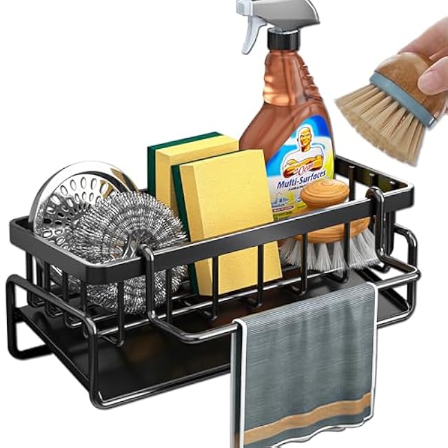 Kitchen Sink Organizer Caddy, Stainless Steel Sink Sponge Holder 30¡ãTilt Self-Drainage,Sponge Rack with Dish Brush Holder,Soap Dispenser for Kitchen Countertop Storage,9.1x4.1x3.5 Inch