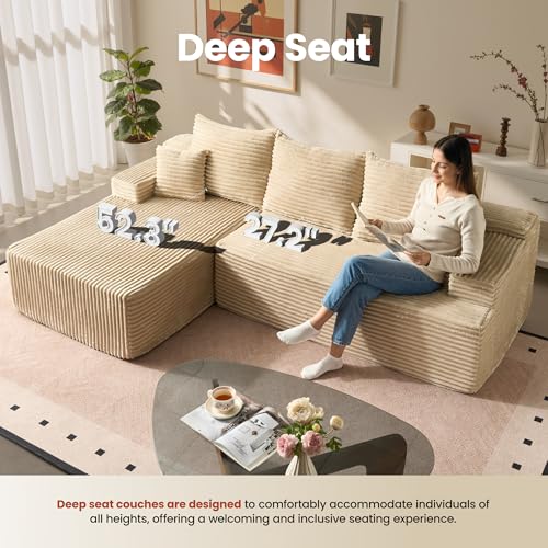 Image of ovios 96 inch Cloud Sectional Couch with L-Shape Chaise,Modern Modular Sofa with Deep Seat, Upholstered Couches for Living Room Bedroom,No Assembly Required, Beige (Plush Corduroy Fabric)