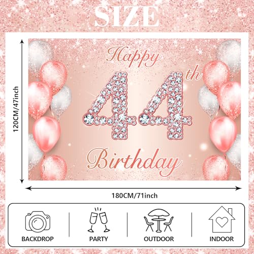 Image of Happy 44th Birthday Rose Gold Banner Cheers to 44 Years Old Backdrop Confetti Balloons Theme Decor for Women 44 Years Old Pink Birthday Party Decorations Bday Supplies Background Favors Gift Glitter