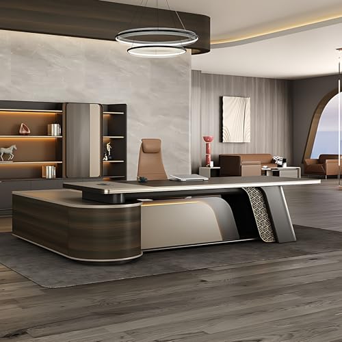 ZGNBSD Executive Desk - Modern L-Shaped Office Desk with Storage, LED Light Strip & Multi-Function...