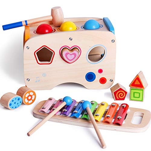 bodolo 3 in 1 Wooden Educational Set Pounding Bench Toys with Slide Out