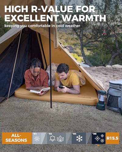 Image of KingCamp Self Inflating Sleeping Pad, 6 inch Ultra Thick R 15.5 Air & Foam Camping Mattress 2 Person, Full Size Double Sleeping Pad for Camp Tent Outdoor Car, PVC Free (Khaki)