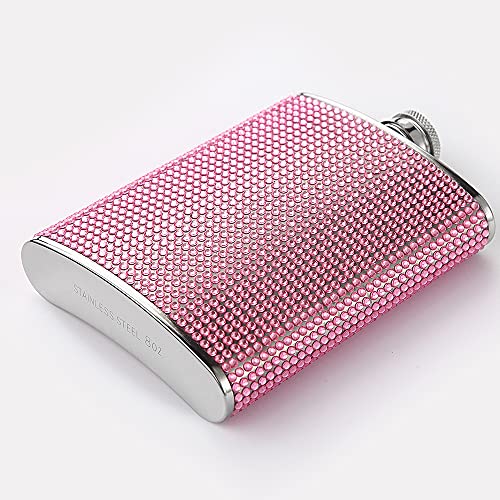 FYL Hip Flask for Liquor, Pink Glitter Flask 8oz with Never-Lose Cap
