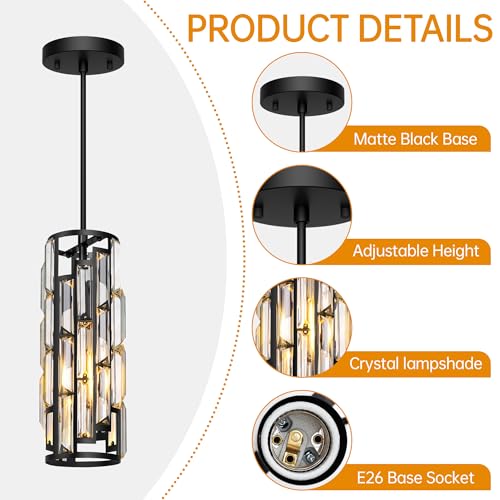 Esfos Black Pendant Lights Kitchen Island 1 Pack, Mini Crystal Chandeliers with Adjustable Height, Modern Pendant Lights Ceiling Lighting Fixtures for Kitchen Island, Dinning Room, Bedroom, UL, E26 - image 5