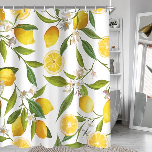 Lerores Shower Curtain, 150 x 200 cm, Lemon Leaf, Weighted Hem, Anti-Mould, Water-Repellent