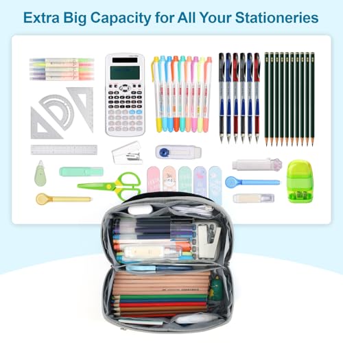 Image of Large Capacity Pencil Case - Pencil Pouch for Teen Boys, Aesthetic Pouch Organizer with 8 Compartments, Wide Opening Marker Bag for Middle High School College, Fits Calculator, Black | Wide Open 8 Compartments, Flexible Dividers & Side Pockets, Handle, 900D Fabric, College Supplies for Teens, Black & Grey