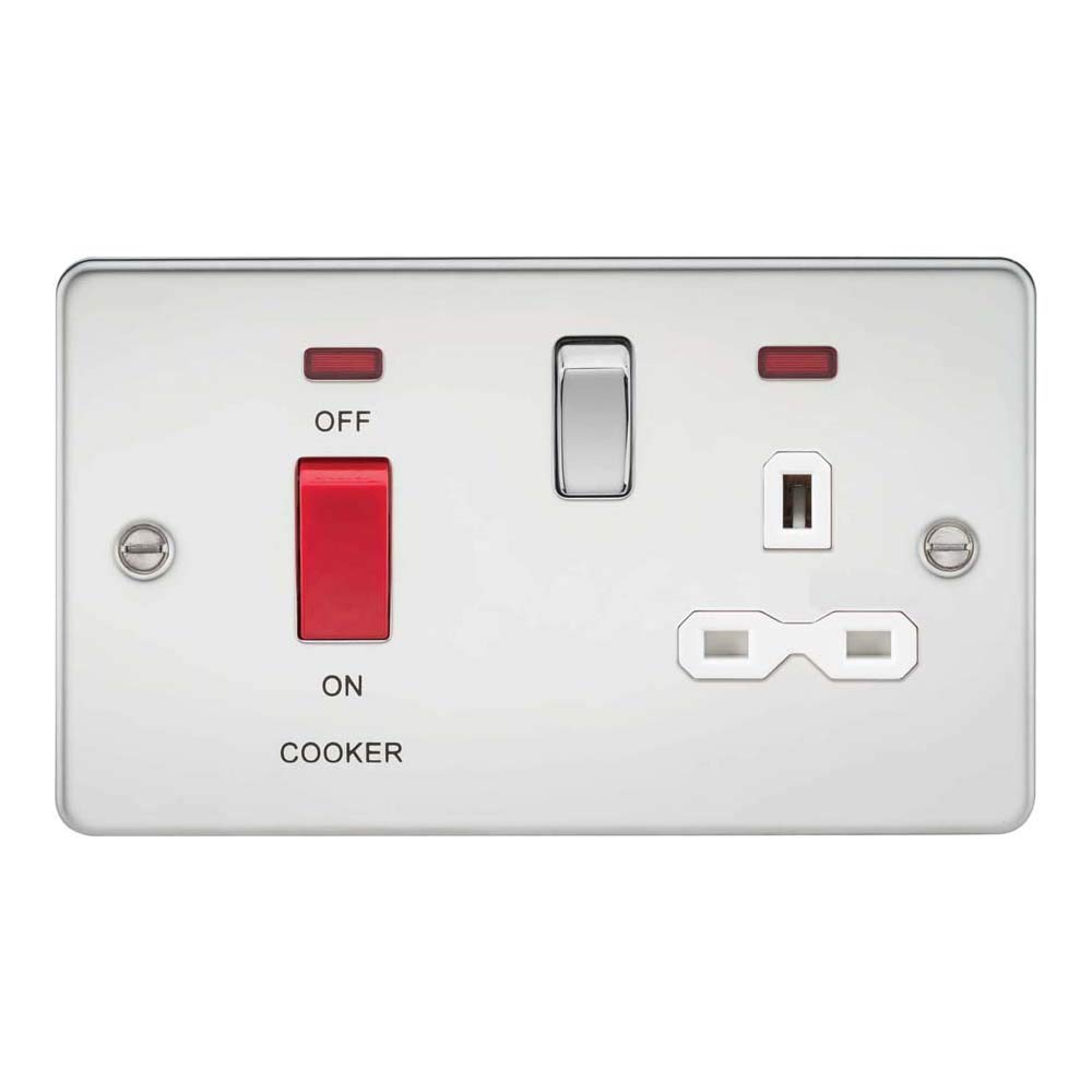 Knightsbridge FPR8333NPCW Flat Plate DP Switch and Switched Socket with Neon, Polished Chrome with White Insert, 45 A/13 A