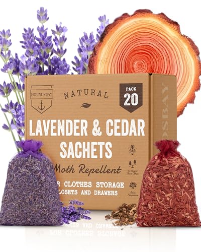 All-Natural Cedar and Lavender Sachet (20 Pack) with Hanger Hooks Included: 10 Lavender Sachets for Drawers and Closets, 10 Cedar Sachets Best Moth Repellent for Clothes