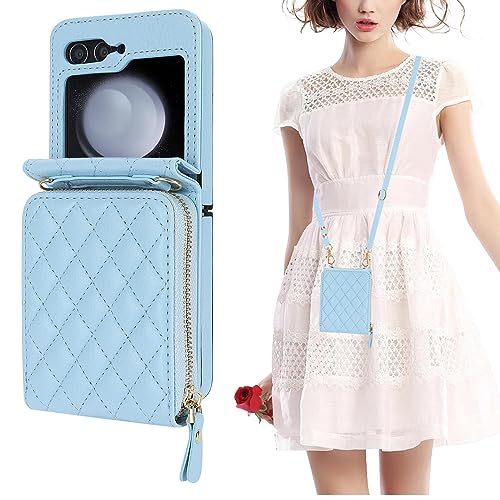 KIHUWEY for Samsung Galaxy Z Flip 5 Wallet Case, Crossbody Zipper Purse with Credit Card Slot Holder RFID Blocking PU Leather Adjustable Lanyard Detachable Strap Wrist for Women(Blue)