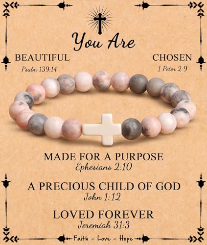 JoycuFF 𝗖𝗵𝗿𝗶𝘀𝘁𝗶𝗮𝗻 𝗚𝗶𝗳𝘁𝘀, Cross Bracelets for Women, Faith Religious Easter Catholic Christian Jewelry, Meaningful Baptism Communion Confirmation Natural Stone Bracelets for Women