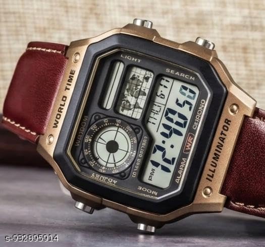 Image of Vintage Watch for Man with Premium Gift Box, Square Dial Digital Watch with World Time Map & Leather Strap, Ideal for Gifting, Unisex Retro Alarm & Chrono Watch for Men and Women