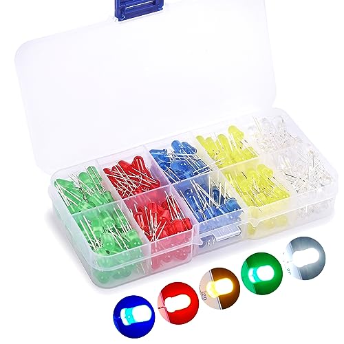 Diode LED 5mm, diodes électroluminescentes 3V multicolores 250 Pièces Assortiment Kit, Bi-pin 5 couleurs haute luminosité diffuses lumière composants...