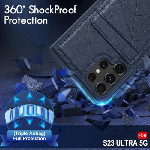 Image of amazon basics Premium Vegan Leather Back Cover with Card Holder and Integrated Mobile Stand for Samsung Galaxy S23 Ultra 5G - Slim Shockproof Wallet Case with Geometric Stitching [Blue]