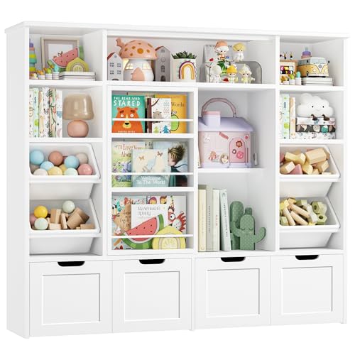 FINETONES 55.1 W Toy Storage with Sliding Bookshelf Large Toy Organizer Kids Bookshelf with 4 Movable Drawers and 4 Storage Bins Toy Bins for Kids Organizer Playroom Storage for Kid Room White
