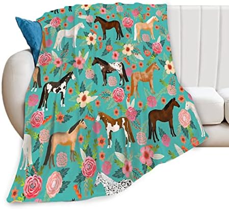 Horse Print Throw Blanket Horses and Flowers Pattern Blanket for Girls Kids Adults Super Warm Soft Cozy Plush Fleece Flannel Blanket for Sofa Couch Bed Birthday Gifts 40"x50"