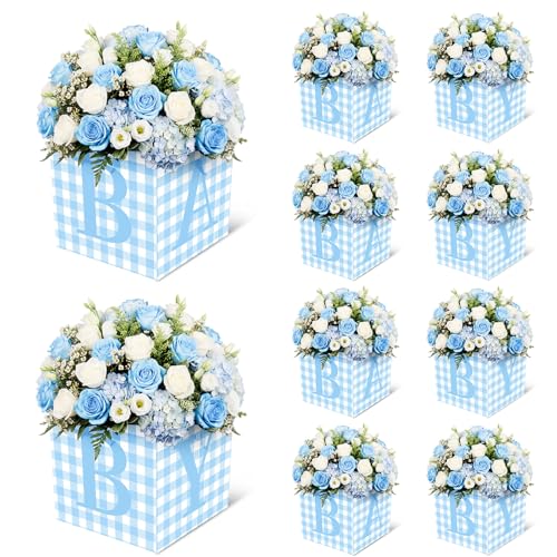 Gilprop 10 Pcs Blue Baby Shower Flower Box Table Centerpieces Boy 7 Inch Gingham Baby Shower Flower Boxes with Letters Gender Reveal Centerpieces for Babys in Bloom Birthday Party Decoration