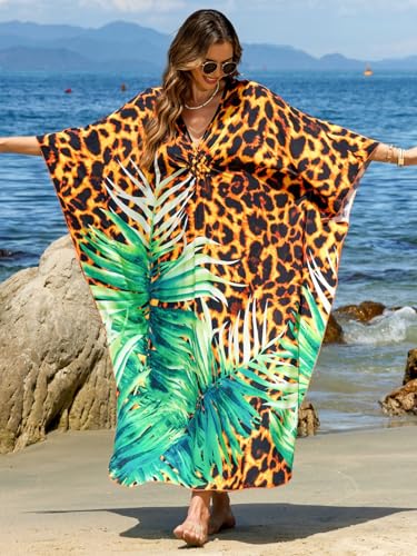 Image of IMAGEKOPE Women's Plus Size Animal Print V-Neck Batwing Kaftan Beach Dress Bathing Suit Cover-Up Loungewear