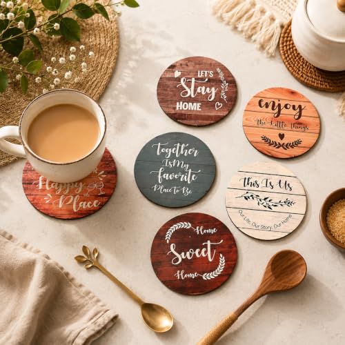 Image of GKD Coaster Set of 6 Home Quotes Design Wooden Coasters with Proper Coaster Stand Designer Coaster Set fit for Tea Cups, Coffee Mugs and Glasses (Round 3.5 x 3.5 inch)