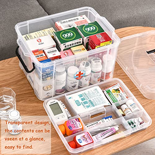 Image of Medicine Storage Organizer Family Plastic First Aid Box with Handle Clear Family Emergency Kit Medication Storage Organizer Box Bins 12.2x9x7.5inch Transparent