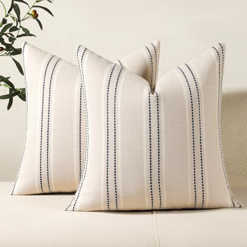 Hckot Throw Pillow Covers 16x16 Set of 2 Striped Pillow Covers Textured Linen Decorative Pillows Square Cushion Covers for Sofa Couch Bed Living Room Farmhouse Decor
