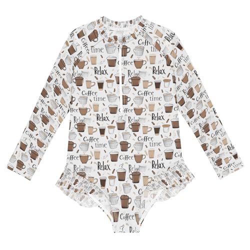 ALAZA Coffee Cup Cartoon Girls One Piece Swimsuit Long Sleeve Rashguard Swimsuit UV 50+ Swimwear Zip